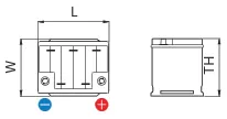 Sơ đồ BCI mã 24 — mặt trên với kích thước L × W và mặt bên với chiều cao TH, cực dương bên phải